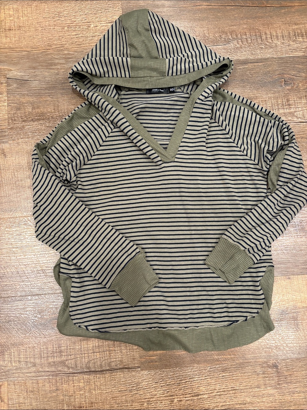 Doe & Rae Olive Green and Black Striped Hooded Pullover